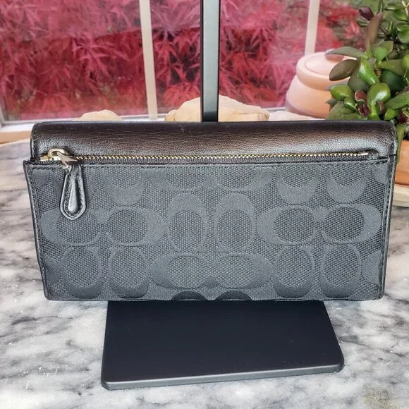 Coach Slim Trifold Wallet - Charcoal Signature Canvas and Black Leather - Picture 3 of 15